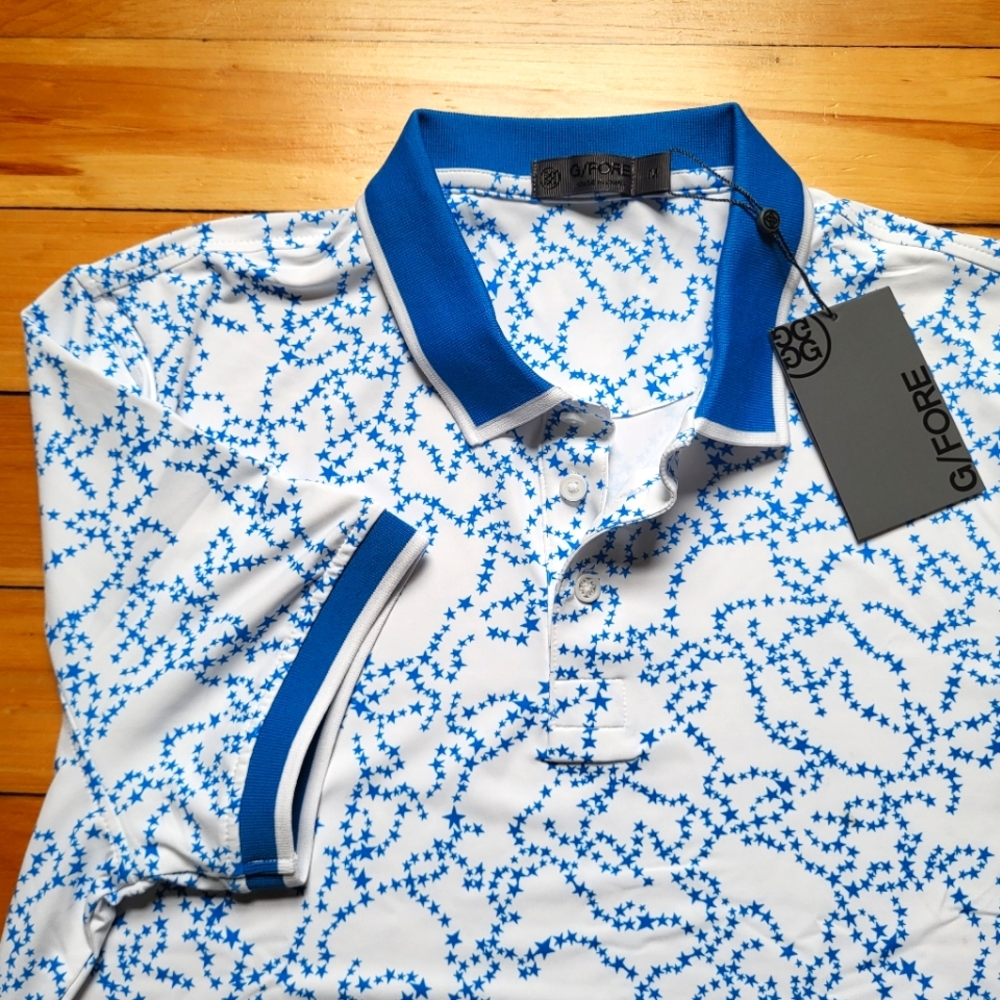 New G Fore Polo Shirt Mens Medium Blue Geometric Performance Stretch Preppy USA